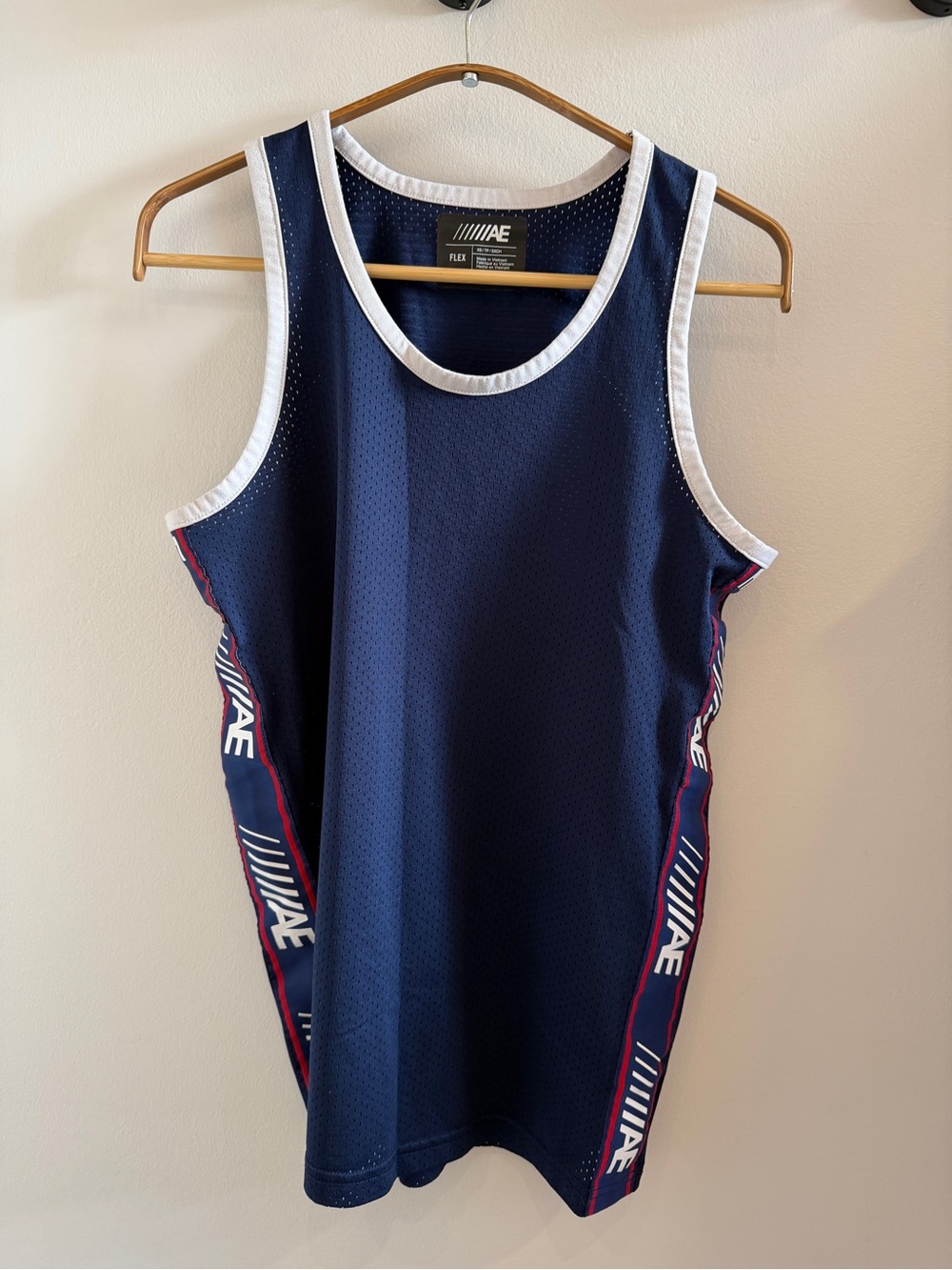 American Eagle Outfitters Navy Mesh Tank with White Trim